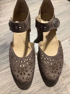 Spring Step Leather Taupe Floral Cutout Mary Jane Wedge